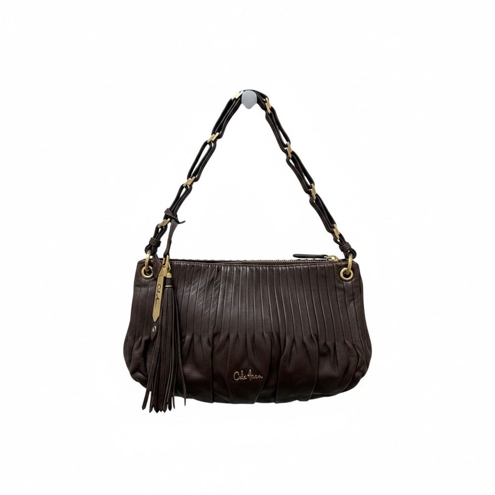 Cole Haan Brown Leather Pleated Tassel Shoulder‎ Bag Gold Hardware Hobo Handbag